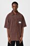 Oversize Polo Collar Zippered T-Shirt Brown