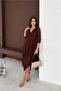 Women's Brown Double-Breasted Collared Midi Length Stretch Fabric Lace Dress - 3
