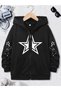 Star Printed Oversize Zippered Black Unisex Hooded Cardigan