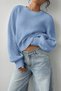 Women's Blue Oversize Crew Neck Balloon Sleeve Ribbed Knit Sweater - 3