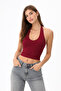 Women's Burgundy Halter Neck Soft Double Layered Front Crop Top Bodysuit - 4