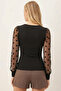 Women's Black Round Neck Tulle Sleeve Blouse Arm-26K001093 - 6