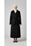 Women's Black Belted Long Cashmere Coat – Double-Breasted Collar with Buttons, Hijab Compatible