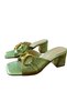 Women's Metallic Green Genuine Leather Gold Buckle Thick Heel Slippers - 2