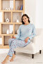 Women's Milan Fabric Crew Neck Blue Pajama Set - 2