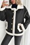 Women's Long Sleeve Collared Front Buttoned Suede Jacket with Pocket Detail - 3