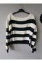 Women's White Khaki Striped Wide Collar Knit Sweater - 5