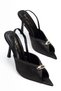 Women's Satin Black Pointed-Toe Heeled Shoes with Buckle Detail - 2