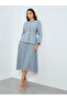 Women Blue Tweed Midi Dress with Belt - 2