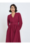Women Red Balloon Sleeves A-Line Midi Dress - 2