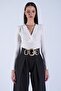 White Double-Breasted Collar, Padded Shoulders, Bottom Snap Buttons Sandy Blouse Alc-X15123
