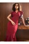 Women Maroon Satin Frill Midi Dress