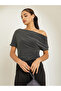 Women Black Shimmer Asymmetric Neck Top