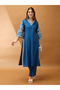 Women Blue Bell Sleeves Embroidered Kurta with Pant Set