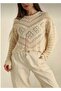 Beige Embossed Patterned Women's Knitwear Sweater 100% Cotton - 3