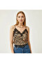 Women's Coffee Zebra Patterned Lace Adjustable Rope Strap Crepe Fabric Athlete Blouse - 4
