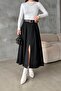 Women's Black Pleated Maxi Size Belt Piece Woven Skirt - 4
