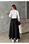 Women's Black Pleated Maxi Size Belt Piece Woven Skirt - 6