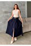 Women's Navy Blue Pleated Maxi Size Belt Pack Woven Skirt - 6