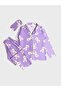 Cotton Suede Fabric Lilac Rabbit Patterned Eye Patched Shirt Collar Pajama Set Suitable for Girls and Mothers - 2