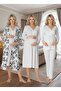 Women's Ecru Patterned Buttoned Design Long Sleeve Maternity Dressing Gown Nightgown Pajama Set - 5