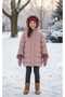 Girl's Inflatable Coat with Furry Dusty Rose Detachable Hood and Zipper - 3