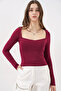 Women's Square Collar Slim Fit Blouse 986 - Burgundy - 2