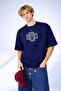 Men's Triple Leaf Illustration Printed Crew Neck Navy Blue T-Shirt