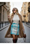 Women's Blue-Ecru Plaid Patterned Cashmere Mini Skirt Nj63