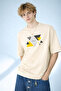 Men's Abstract Written Geometric Triangle Design Crew Neck Beige T-Shirt - 2