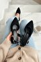 Aura Black Suede Satin Buckled Side (4 cm Heel Height) Pointed Toe Heeled Ballet Flats