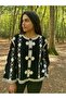 Süzene Knitted Embroidered Knitwear Buttoned Long-Sleeved Black Cream Jacket