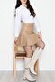 Women's Beige Half Pleated Faux Leather Mini Skirt Nj66 - 6