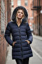 Women's Navy Long, Hooded Lightweight Puffer Jacket – Fur-Trimmed, Zippered, Winter - 4