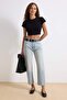 Açık Mavi Paçası Kesikli Yüksek Bel Straight %100 Pamuk Non-Stretch Jeans TWOAW25JE00307