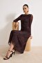 Kahverengi Soyut Büzgü / Drape Maxi Örme Elbise TWOAW25EL00408