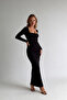 Black U-Neck Long Sleeve Body-Hugging Stylish Casual Long Dress - 2