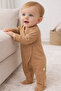 Organic Cotton Double-Breasted Baby Romper – Soft Textured, Footed, Long Sleeve - Brown and Beige Color Options - 7