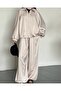 Zipper Jacket Oversized Satin Fabric Beige Set - 2