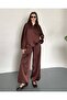 Zipper Jacket Oversized Satin Fabric Brown Set - 6