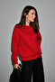 Motion Women's Organic Cotton Fleece Lined Round Neck Patch Detailed O Oversized Red Sweatshirt - 5