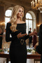 Off-The-Shoulder Gold Accessory Madonna Collar Waist Detail Midi Black Evening Dress