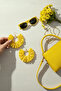 Women's Gold Color Hoop Dangle Earrings – Yellow Fabric Beaded Design - 4