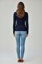 Women's Navy Blue Long Sleeve Square Neck T-Shirt Blouse Camisole Ribbed - 3