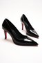 Women's Black Patent Leather Pointed Toe Design Sole Thin Short Heeled Shoes Gronia