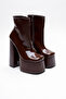 Women's Brown Patent Leather Zippered Medium Platform Heeled Boots Ecosie