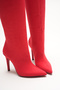 Women's Pointed Toe Zipperless Thin Heeled Below-The-Knee Boots Monias Red Cowhide Suede - 3