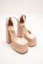 Women's Nude Patent Leather Double Platform Chunky Heel Women's Shoes - Ankle Strap Blunt Toe Evening Dress Shoes - 2