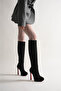 Women's Designer Platform High Heel Boots Carcie Black Cowhide Suede - 6