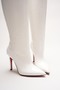 Women's Pointed Toe Zipperless Thin Heeled Below-The-Knee Boots Monias White Patent Leather - 4